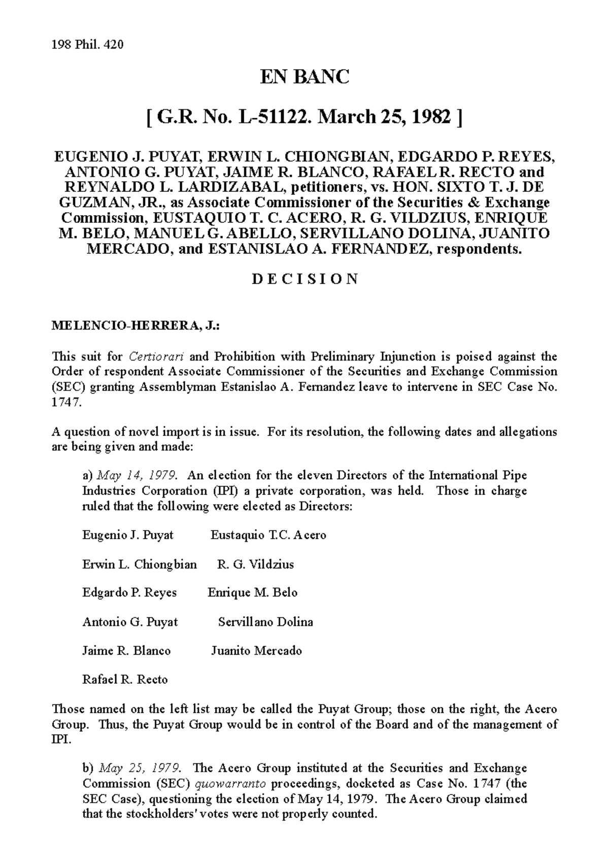 Puyat V De Guzman - Case - 198 Phil. 420 EN BANC [ G. No. L- 51122 ...