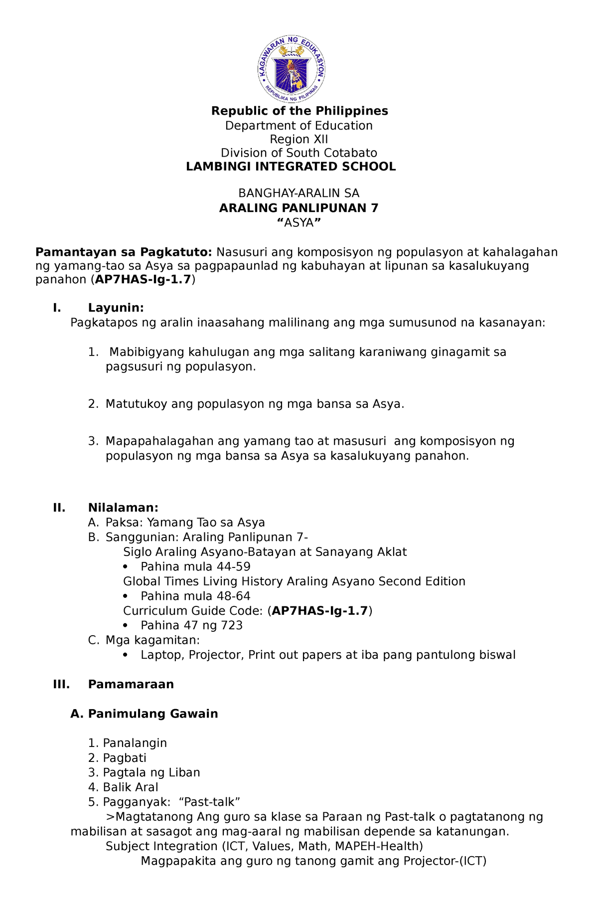 DLP AP 7 Quarter 1 - Lesson Plan - Republic Of The Philippines ...