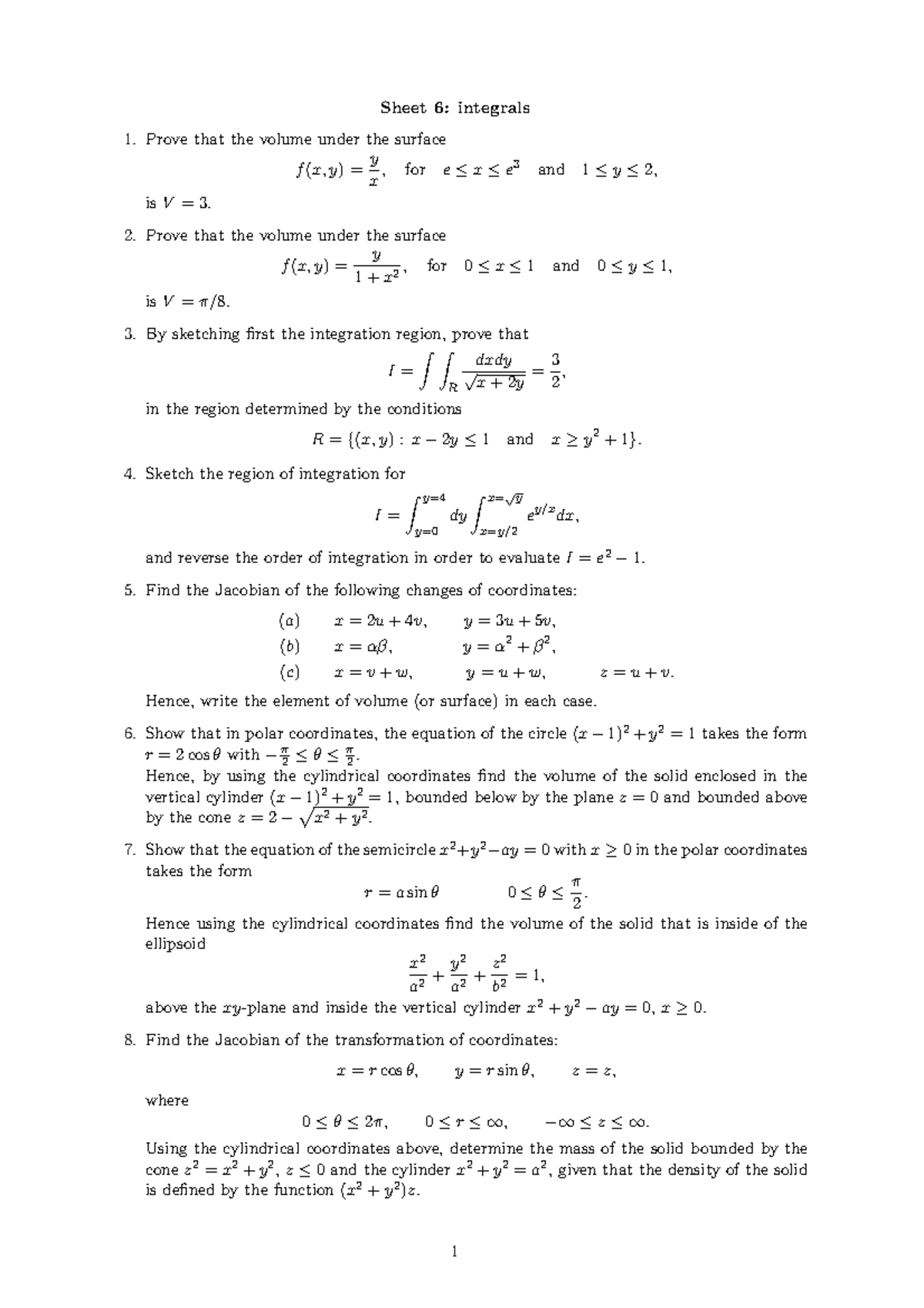 MATH31 Tutorial 6 - Sheet 6: integrals Prove that the volume under the ...