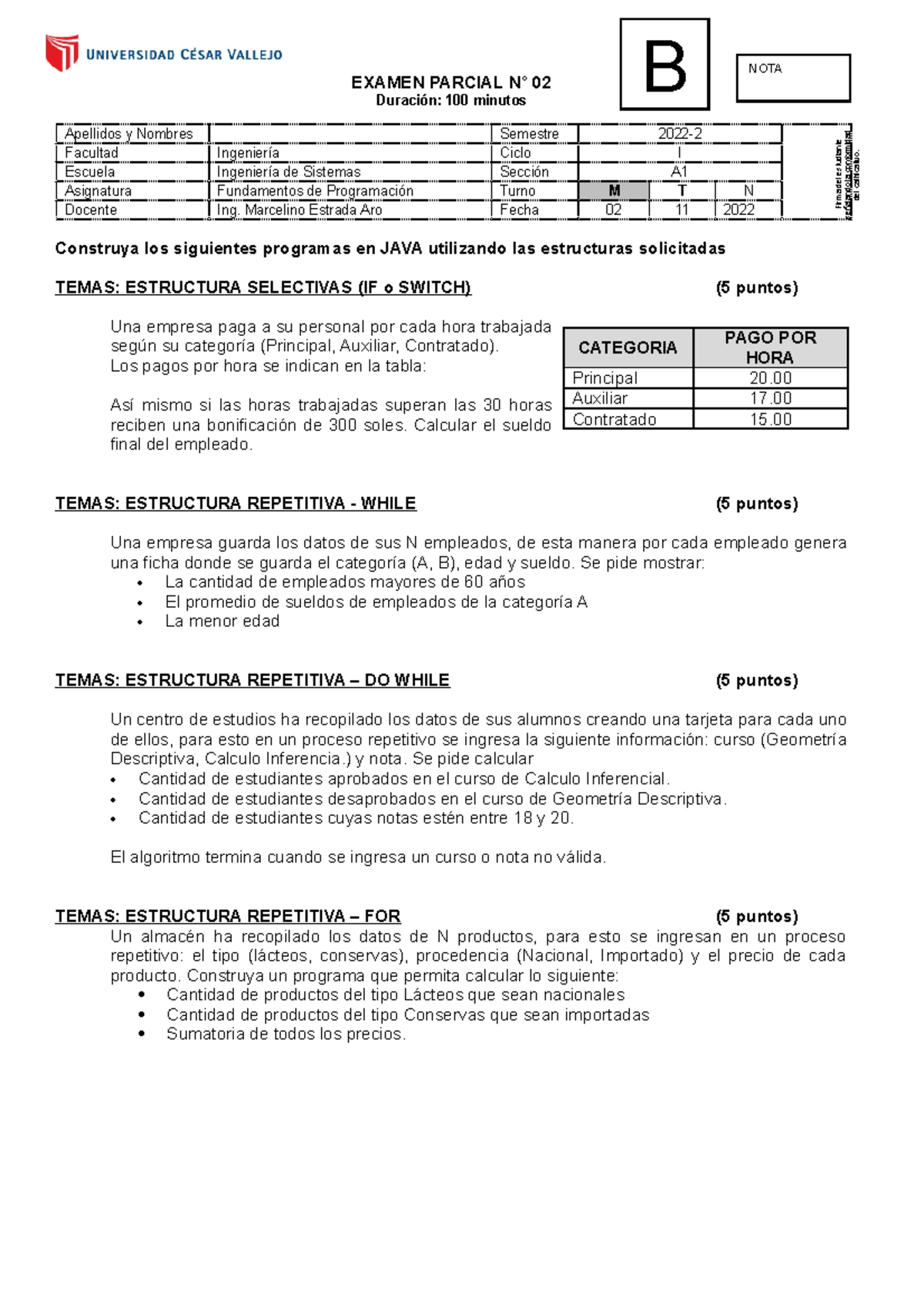 Parcial 2 - FP -FILA-B - Este Es El Examen - NOTA EXAMEN PARCIAL N° 02 ...