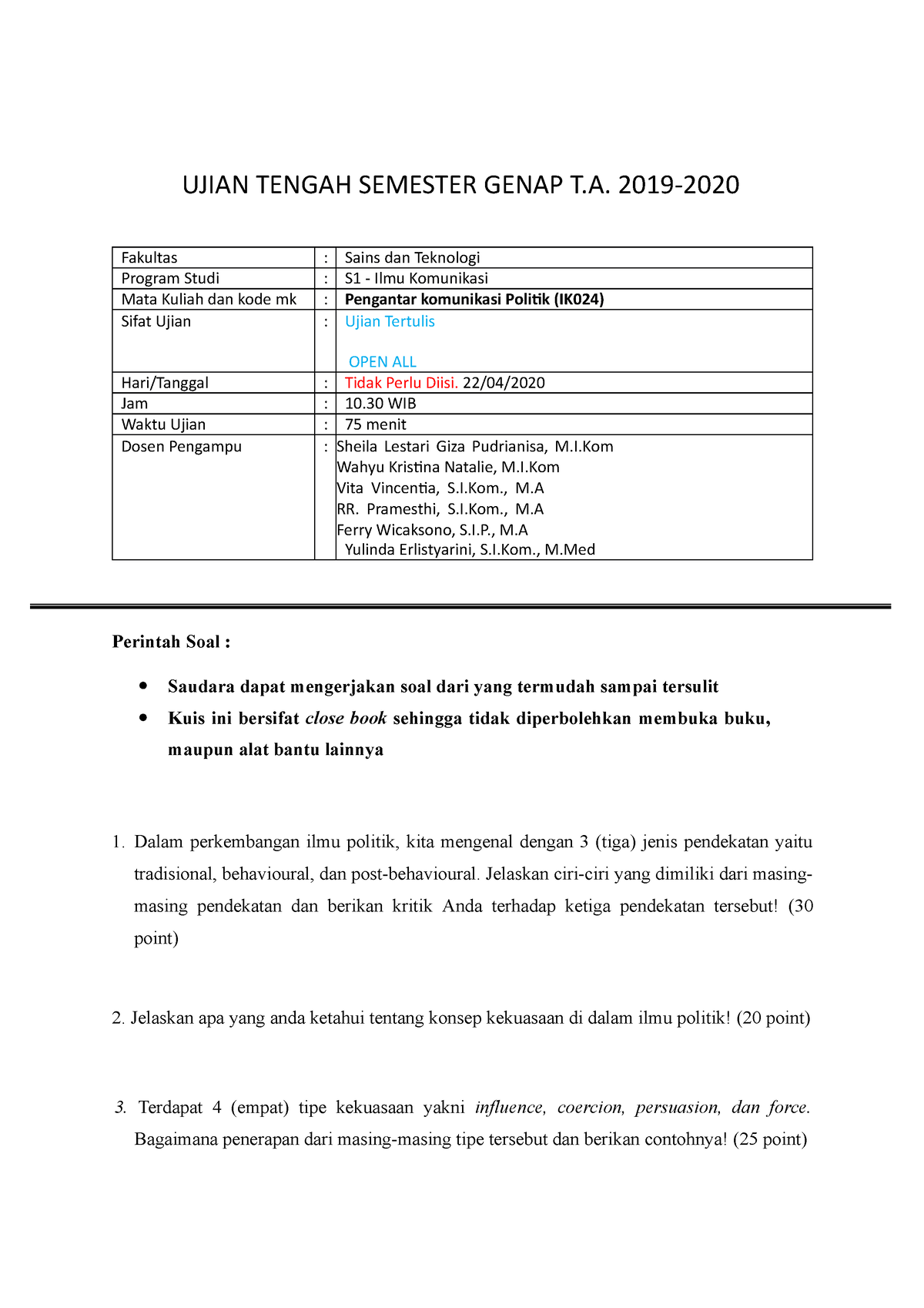 Soal Ujian Tengah Semester Pengantar Ilmu Politik - UJIAN TENGAH ...