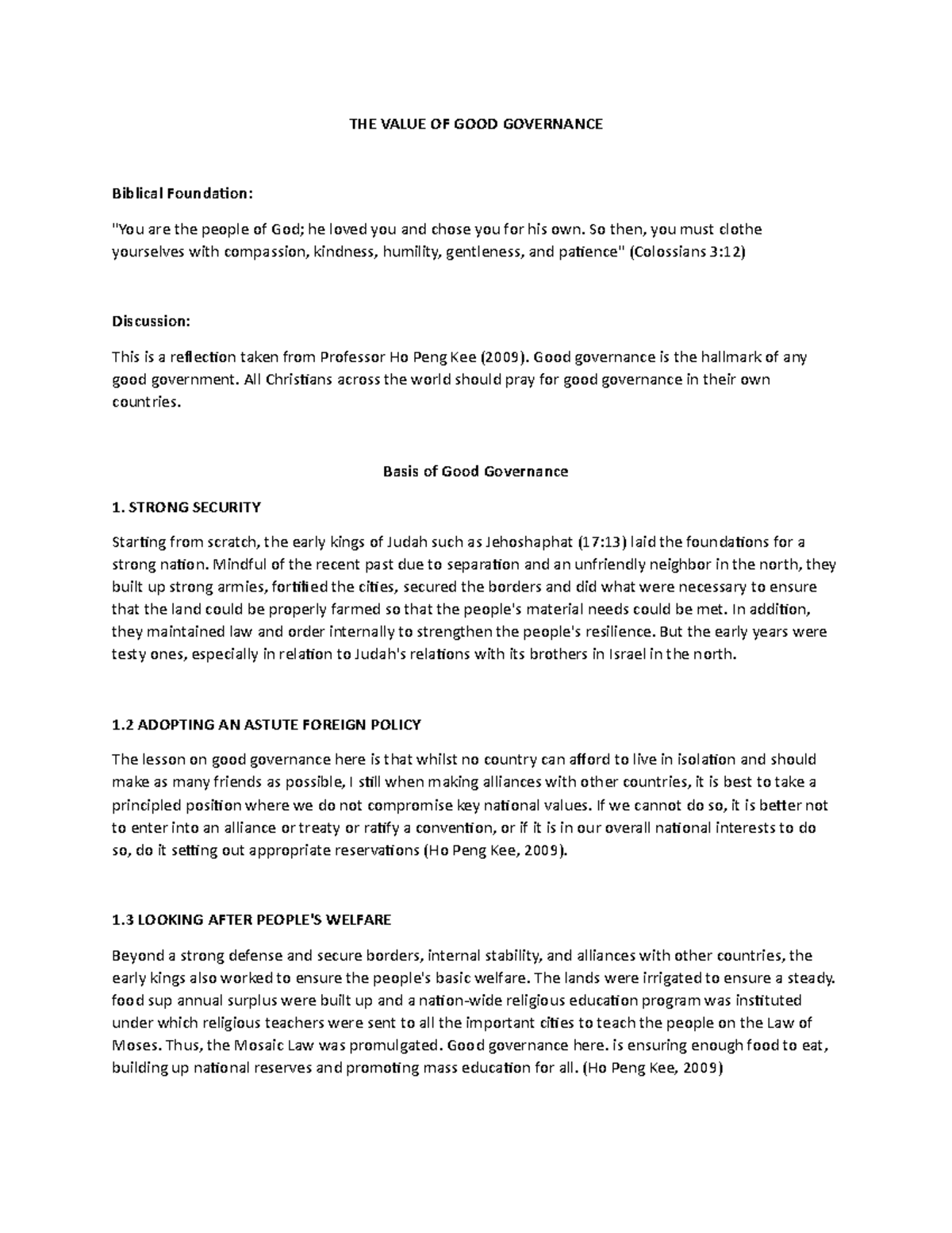 THE Value OF GOOD Governance AND THE Value OF Excellence Supplementary THE VALUE OF GOOD