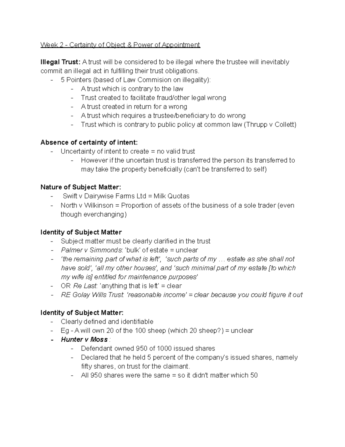 Equity & Trusts - Lecture notes 1 - Week 2 - Certainty of Object ...