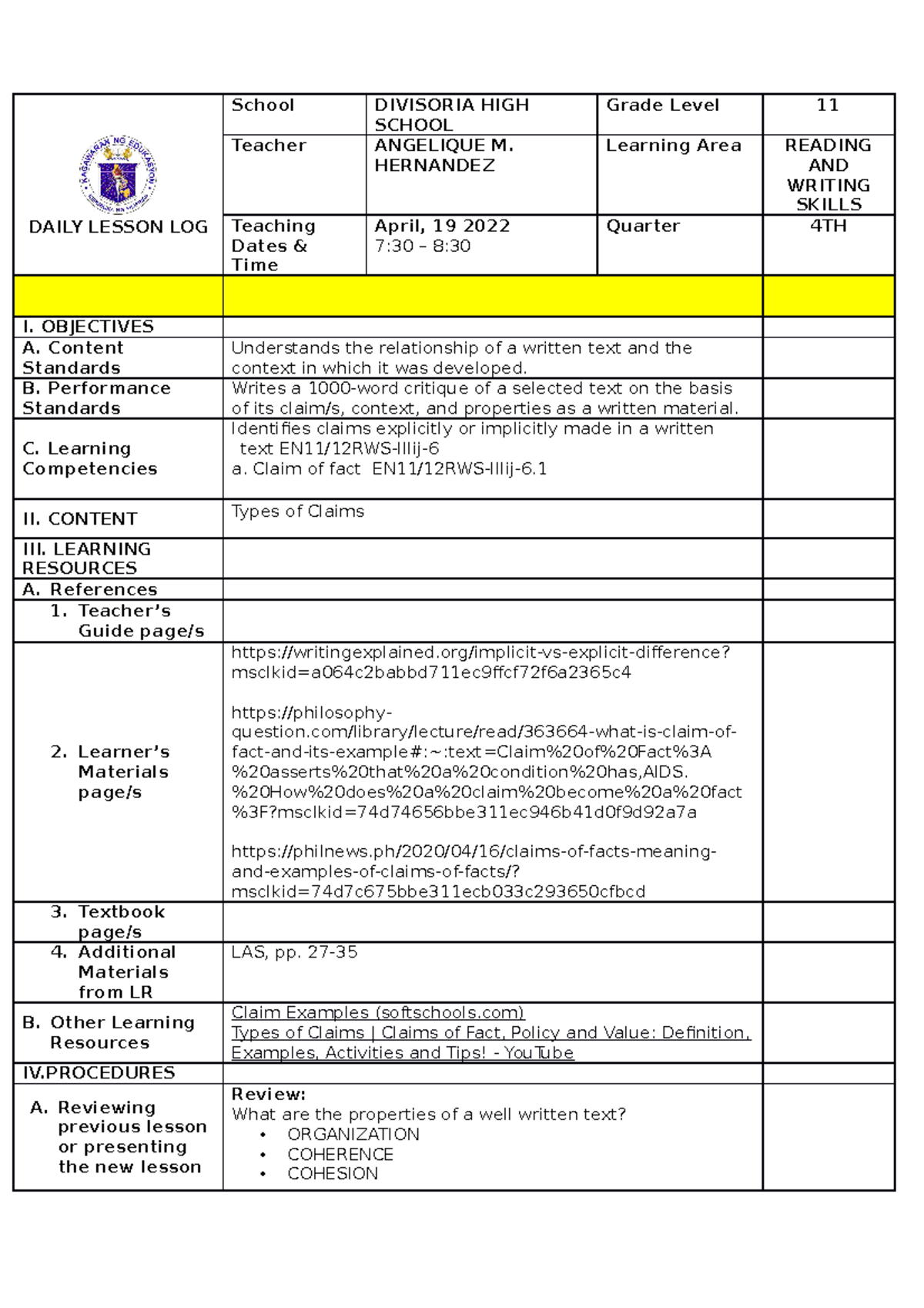 ReadingWritingDLLforCOT DAILY LESSON LOG School DIVISORIA HIGH