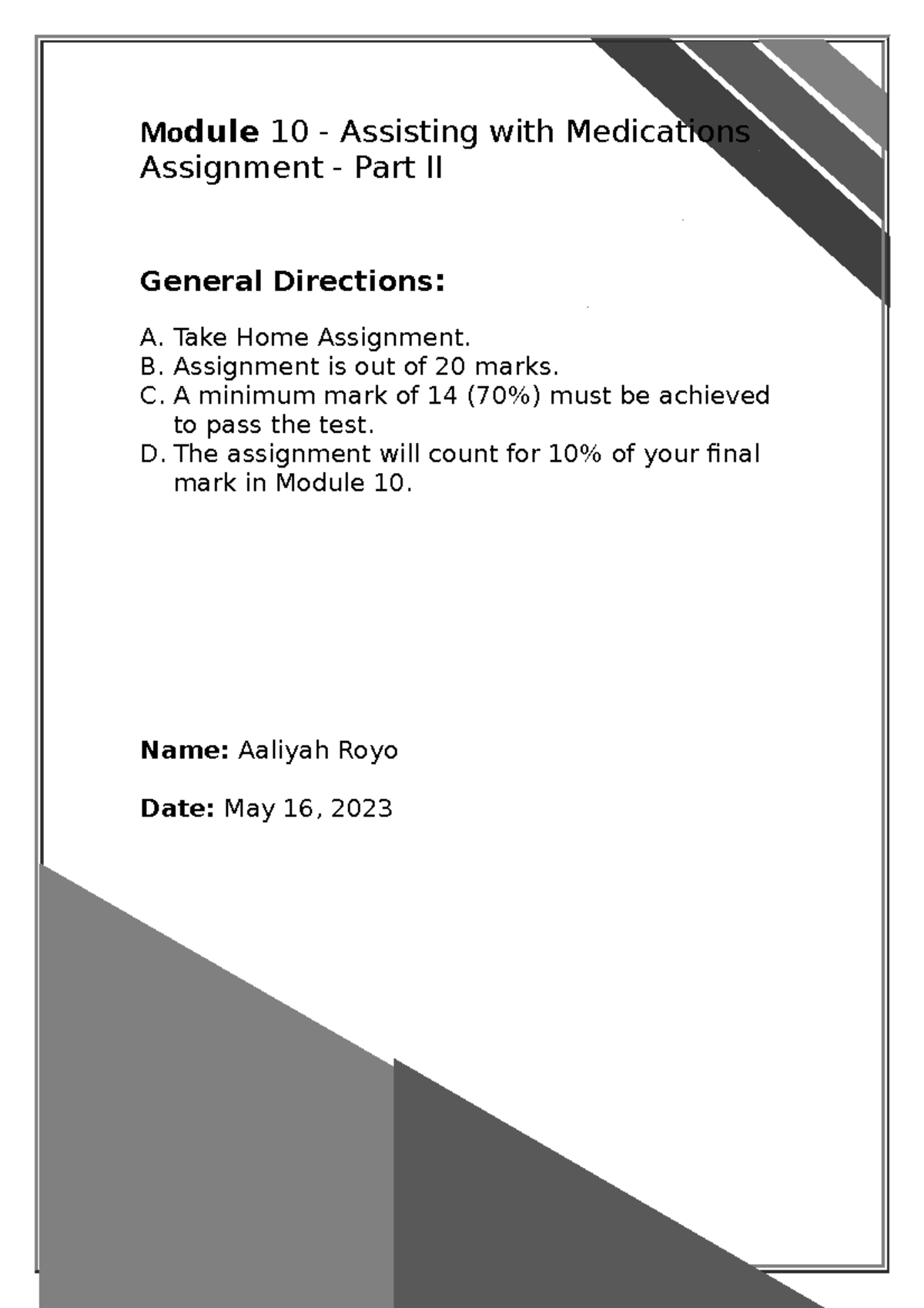 Module 10 assignment - Module 10 - Assisting with Medications ...