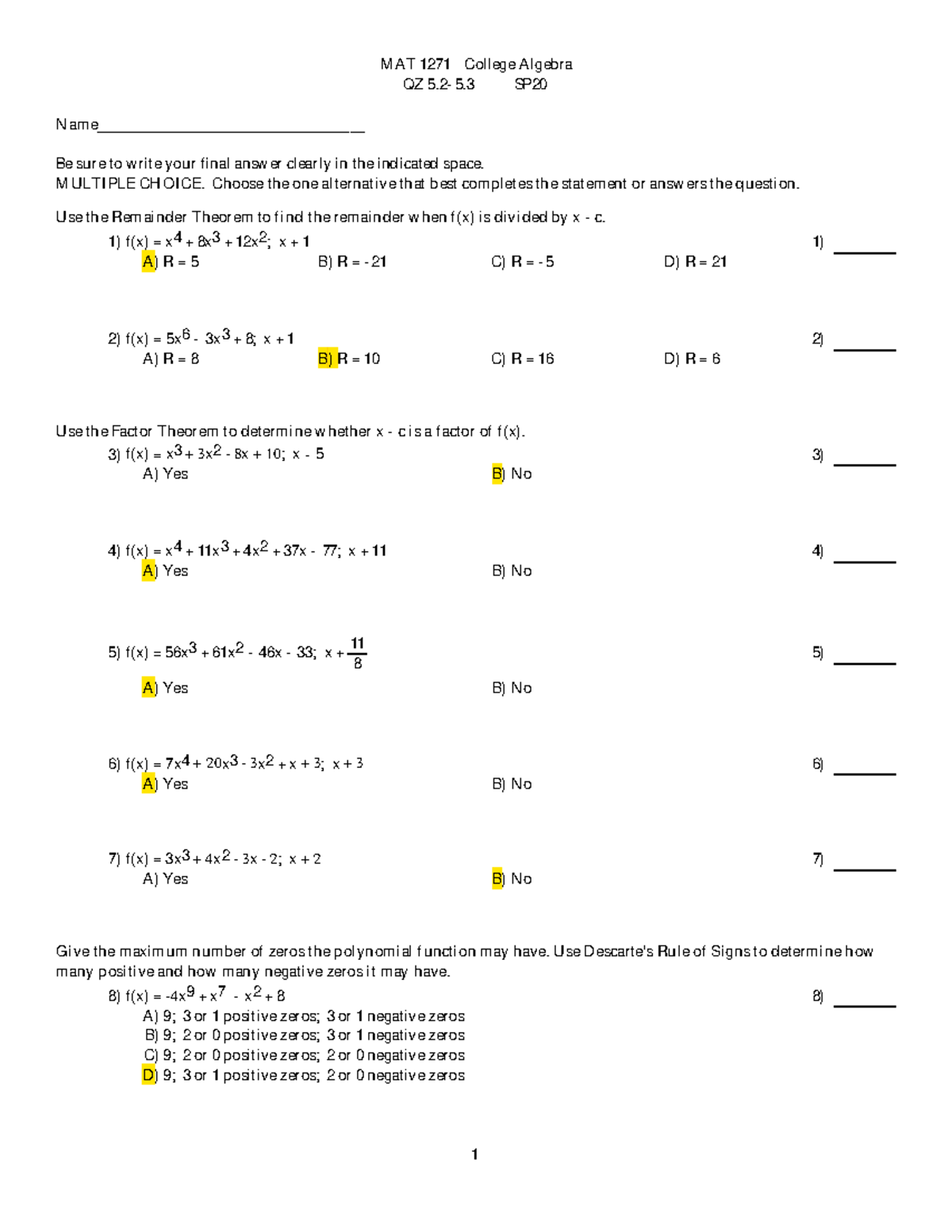 Mat 1271 Qz 5.2-5.3 Sp20 - Mat 1271 College Algebra Qz Sp20 Be Sure To 