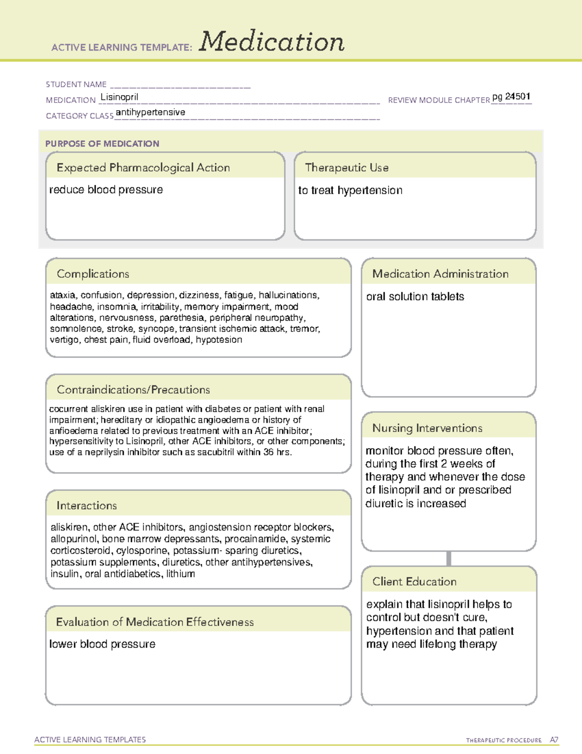 ATI MEDICATION SHEET ON THE BLOOD PRESSURE MEDICATION LISINOPRIL