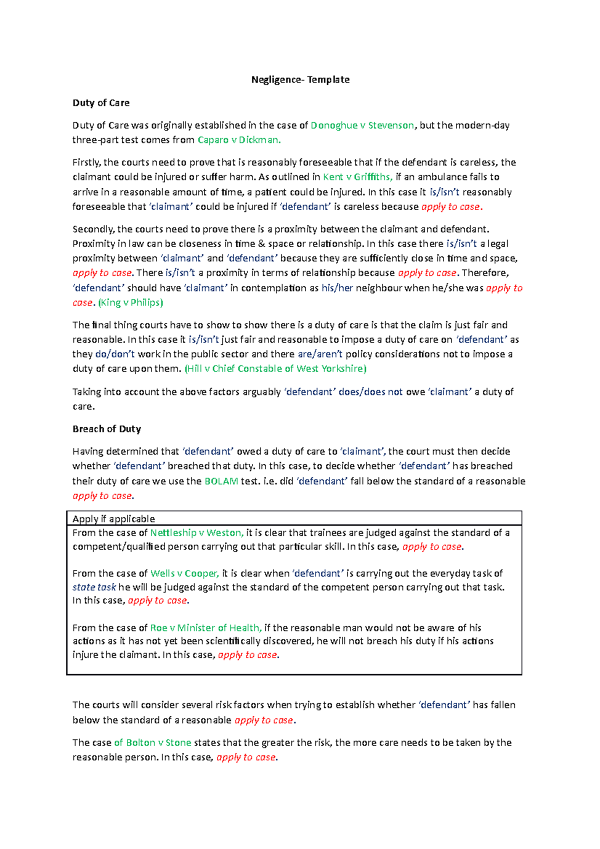 template for an answer for a basic negligence problem question ...