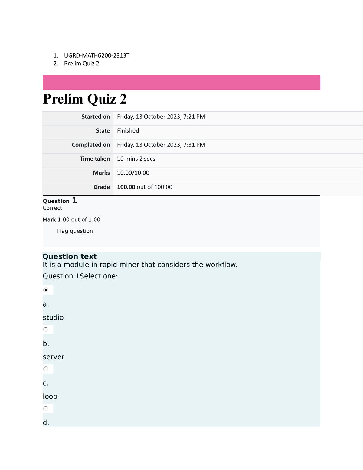 Prelim Quiz 2 Data Analysis - 1. UGRD-MATH6200-2313T 2. Prelim Quiz 2 ...