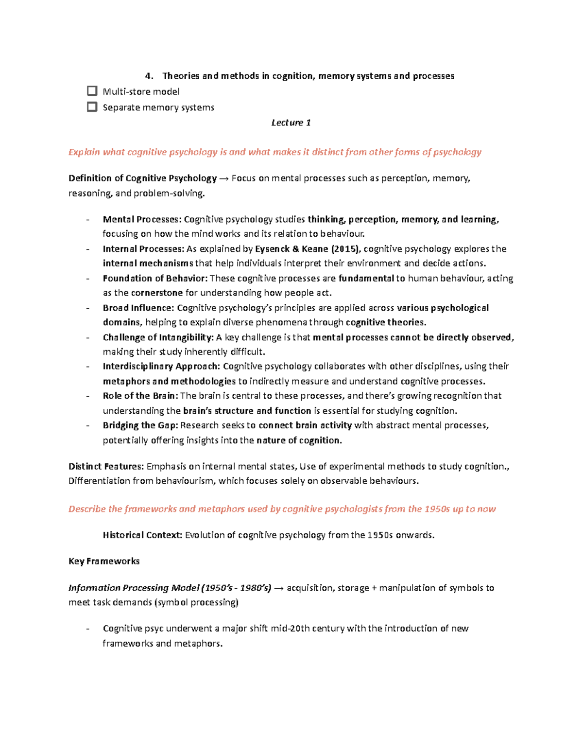 Memory notes - Theories and methods in cognition, memory systems and ...