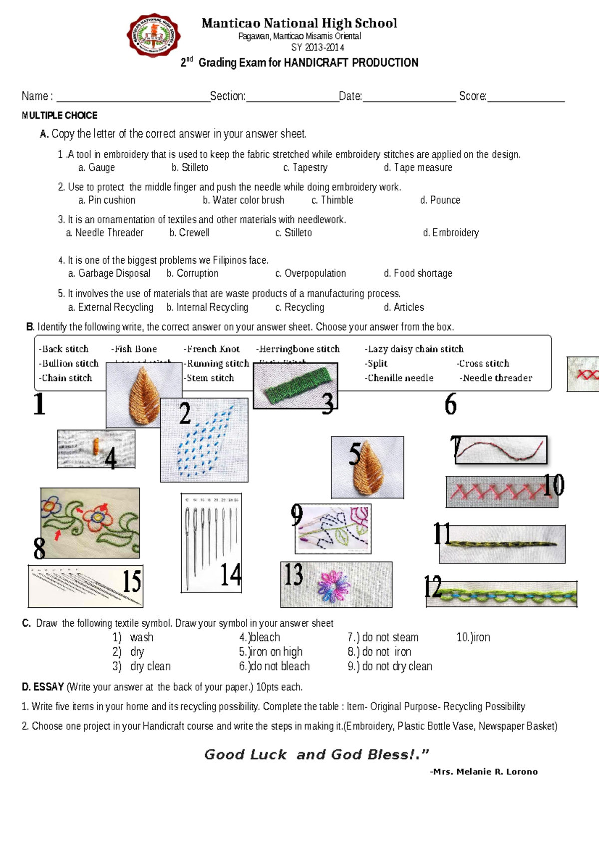 2nd grading exam handicraft - Manticao National High School Pagawan ...