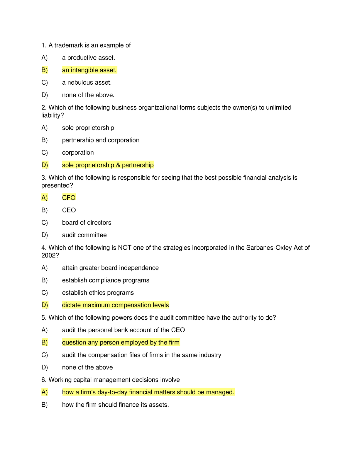 Chap01 MCQs To Review - Quiz Chap 1 - A Trademark Is An Example Of A) A ...