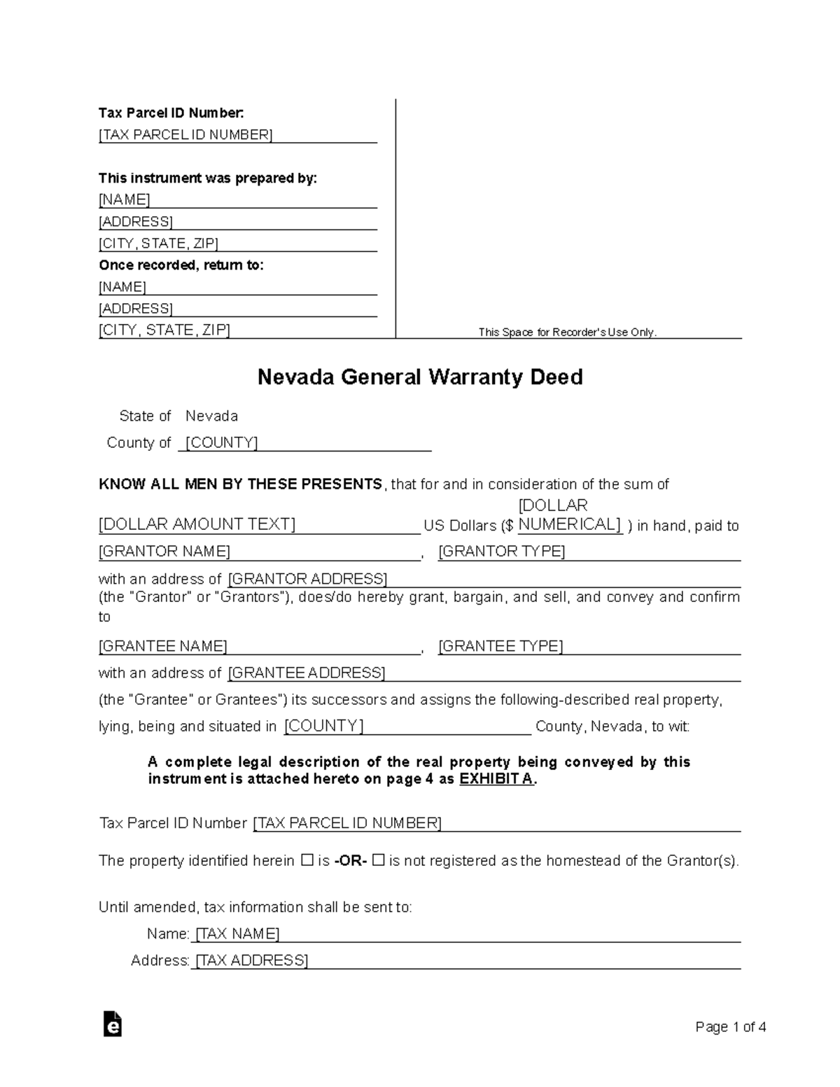 Nevada General Warranty Deed Form - Tax Parcel ID Number: [TAX PARCEL ...