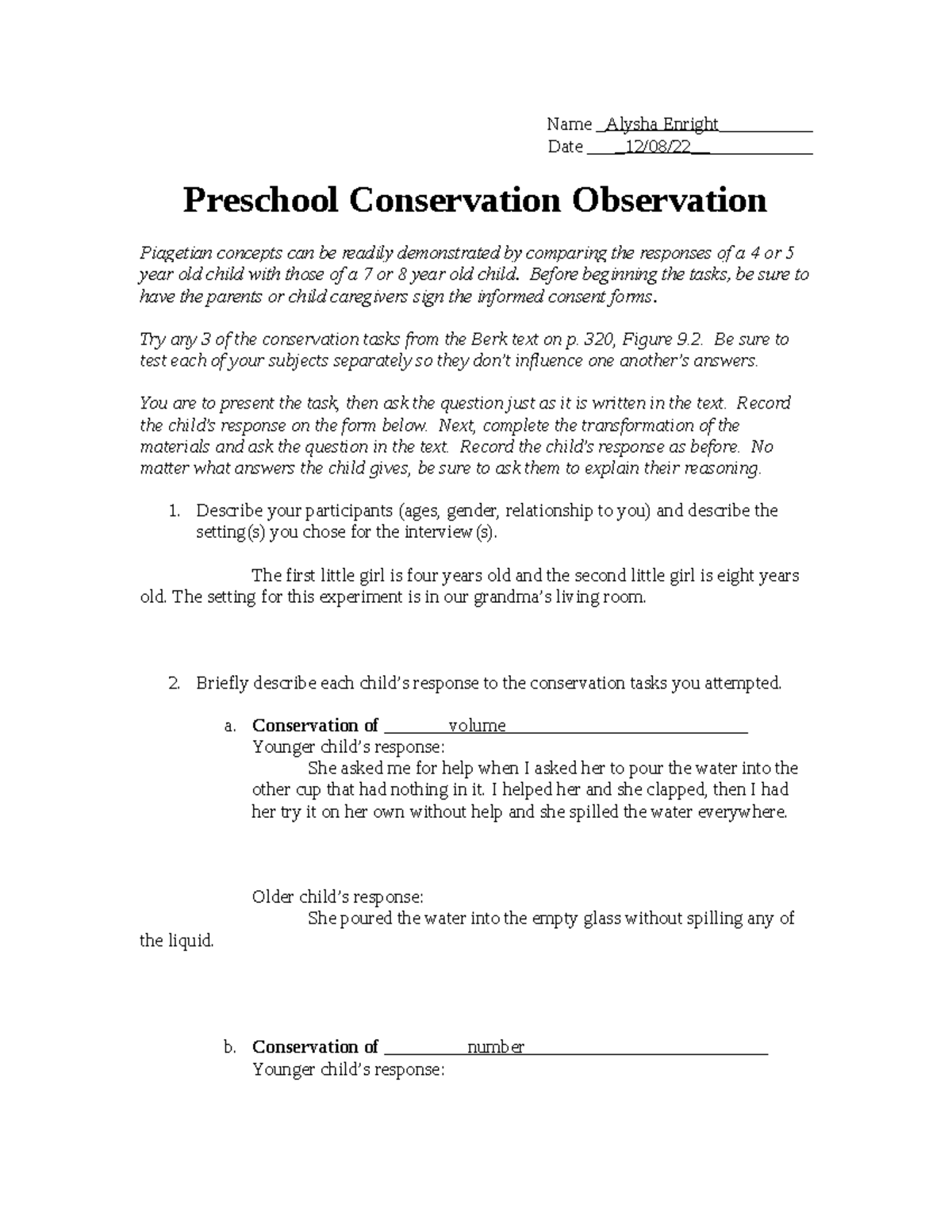 Conservation Observation - Name Alysha Enright_________ Date 12/08/22 ...