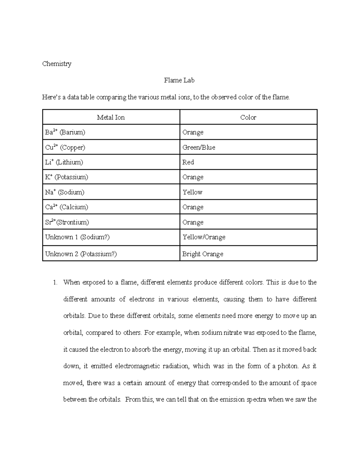 Flame Lab work and all findings Chemistry Flame Lab Here’s a data