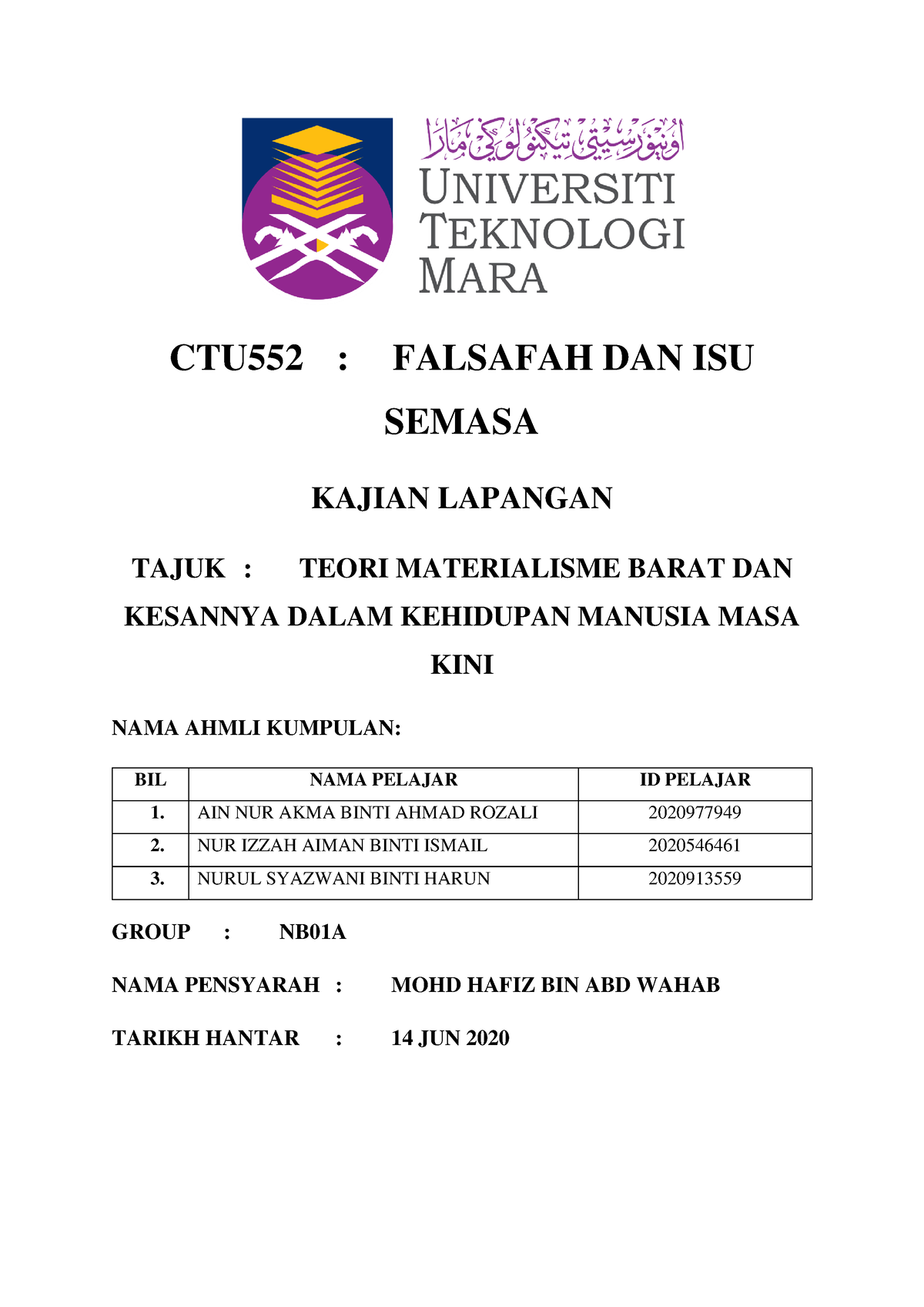 CTU552 Materialisme Assignment - CTU552 : FALSAFAH DAN ISU SEMASA ...