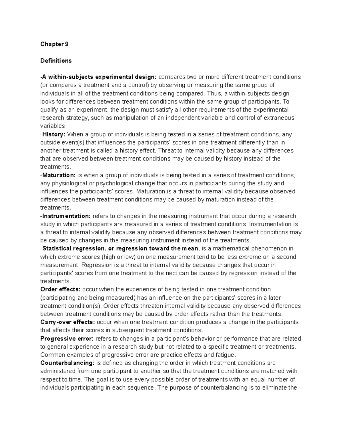 Psyc310 ch.9 notes - Chapter 9 Definitions -A within-subjects ...