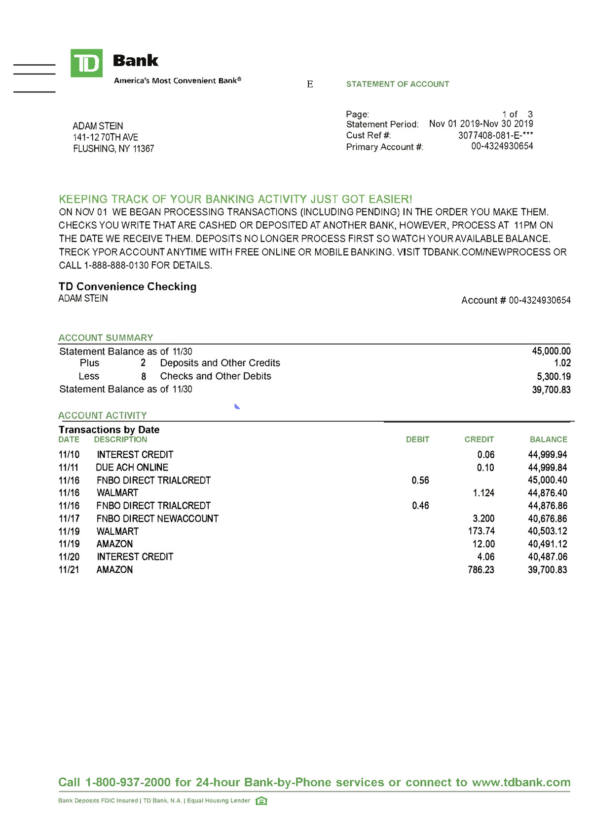 Create PDF TD-BANK-Statement-scan - ml Bank America's Most Convenient ...