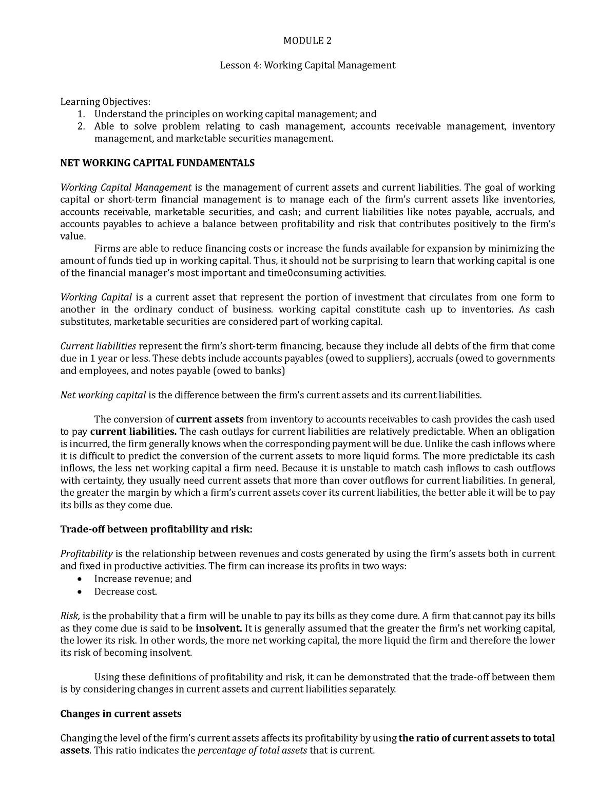 Lesson 4 Working Capital Management - MODULE 2 Lesson 4: Working ...