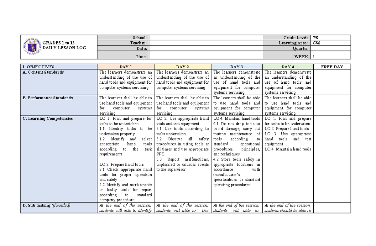 CSS DLL - CSS DLL WEEK 1-8 - GRADES 1 To 12 DAILY LESSON LOG School ...