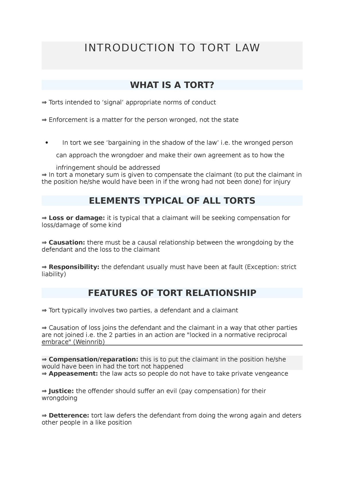 Introduction TO TORT LAW - INTRODUCTION TO TORT L AW WHAT IS A TORT? ⇒ ...