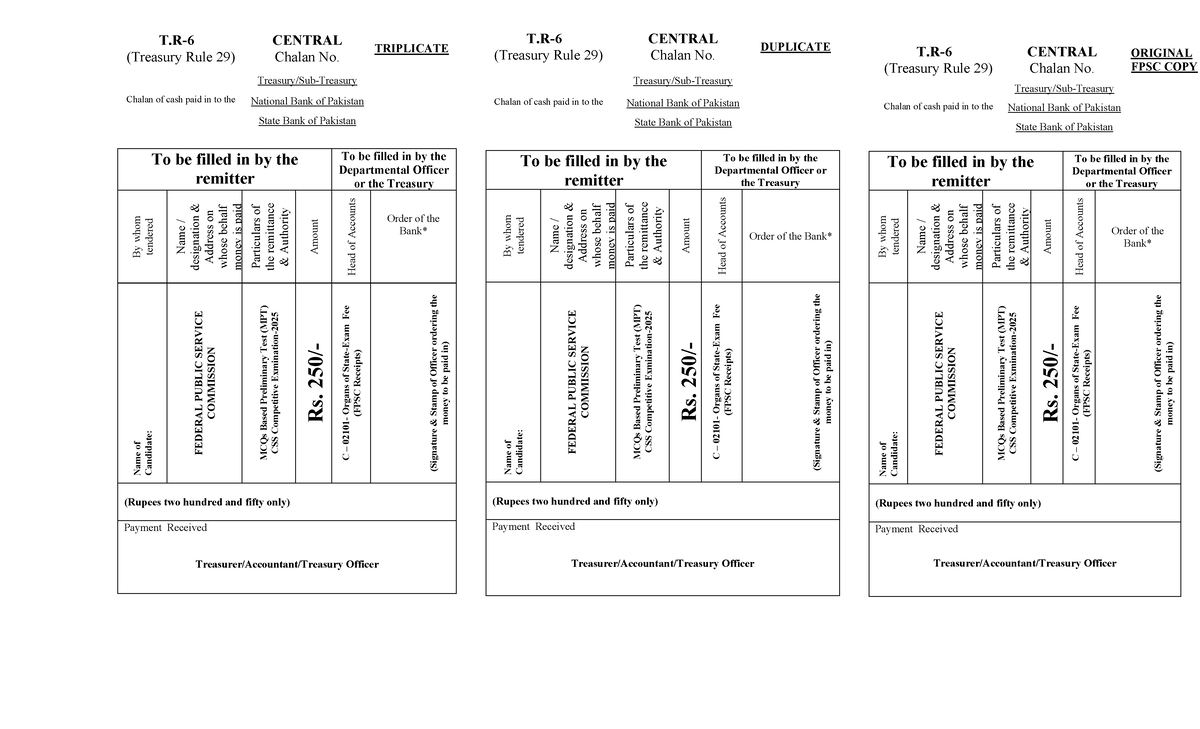 CE 2025 MPT Challan Form - T- (Treasury Rule 29) CENTRAL Chalan No ...