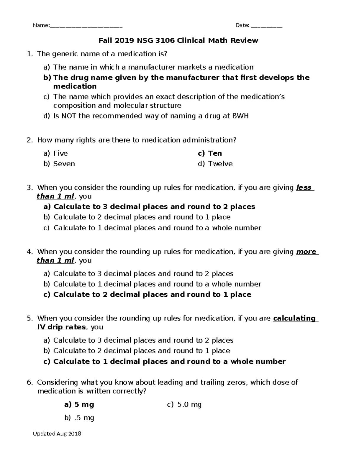 F19 NSG 3106 Math Questions Review (Final Copy) - Name ...