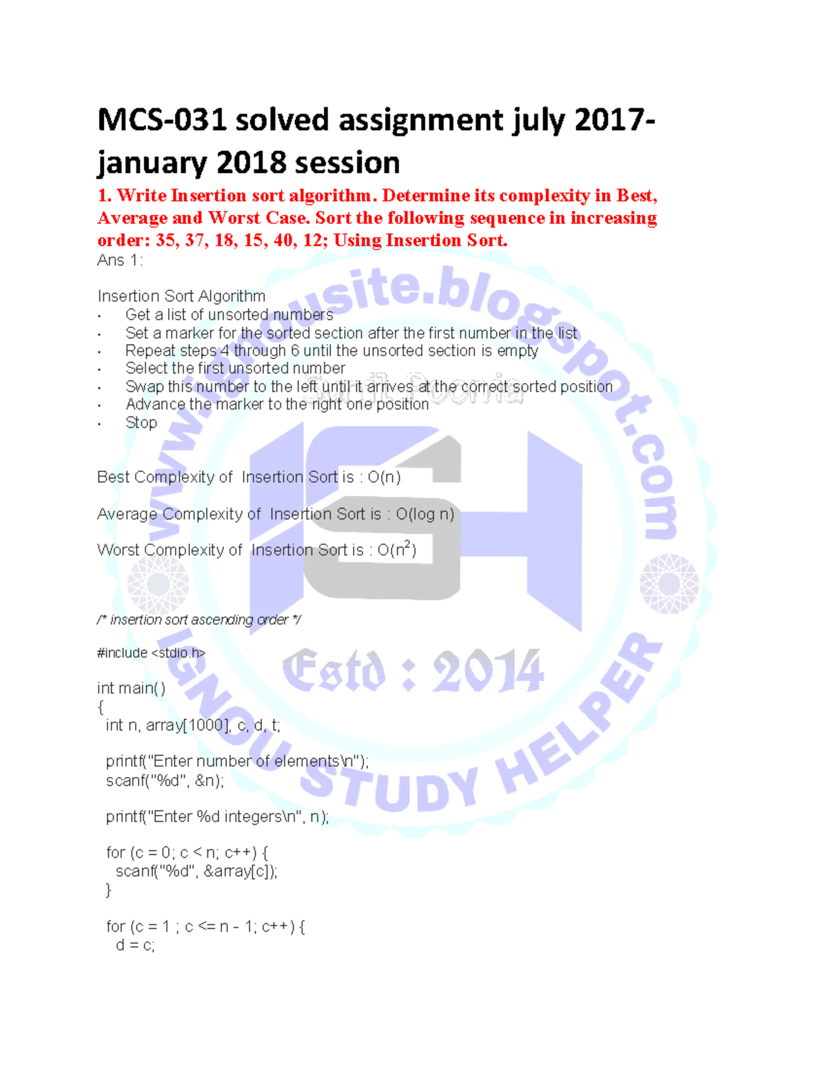Mcs 031 2017 18 - Same as 2017/18 but questions are juggle - MCS-031 ...