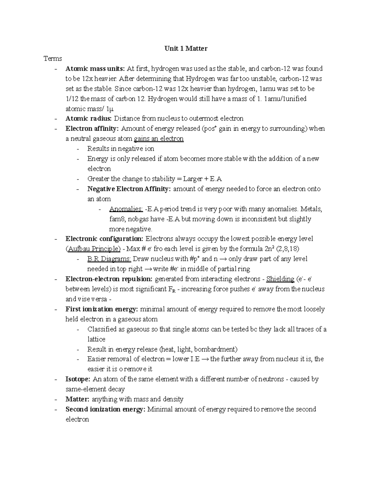 Chem notes based on lecture material from class Unit 1 Matter Terms