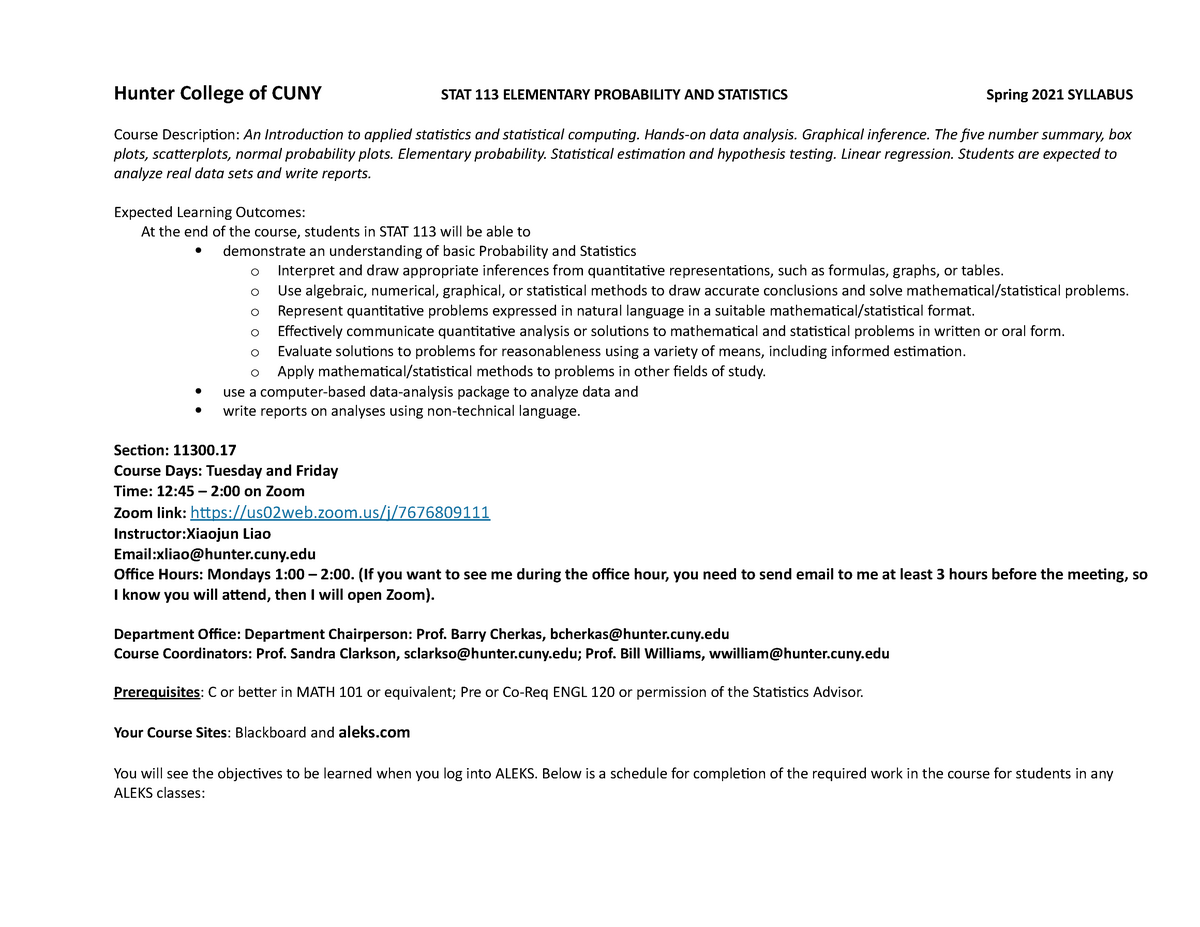 STAT113Syllabus Spring 2021 - Hunter College of CUNY STAT 113 ...