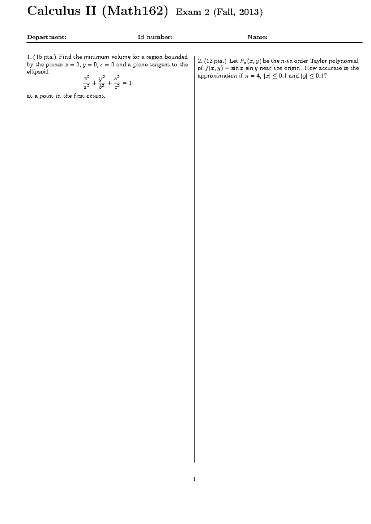 2013 2-2 기출문제 - calculus - Calculus II (Math162) Exam 2 (Fall, 2013 ...