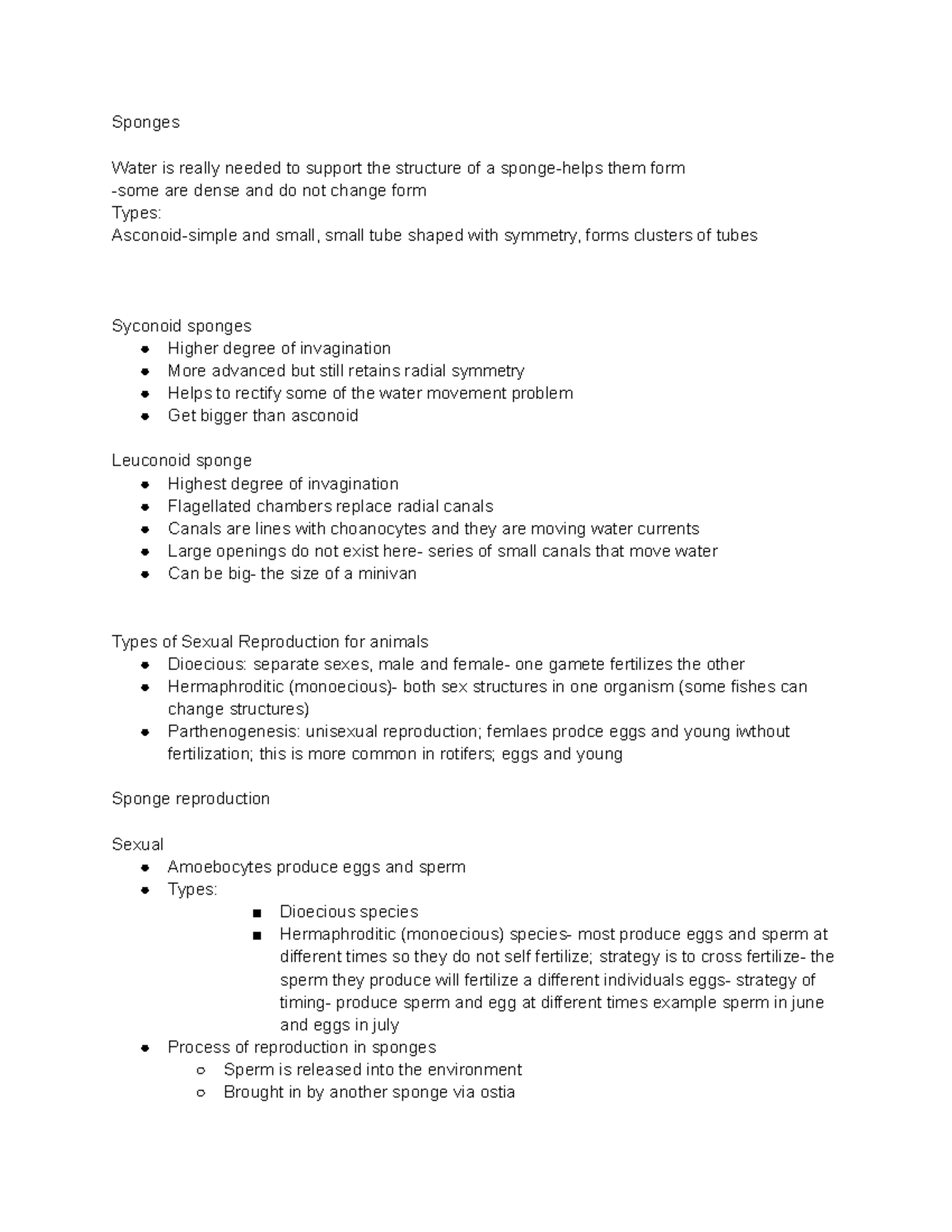Ch 12 sponges - notes - Sponges Water is really needed to support the ...