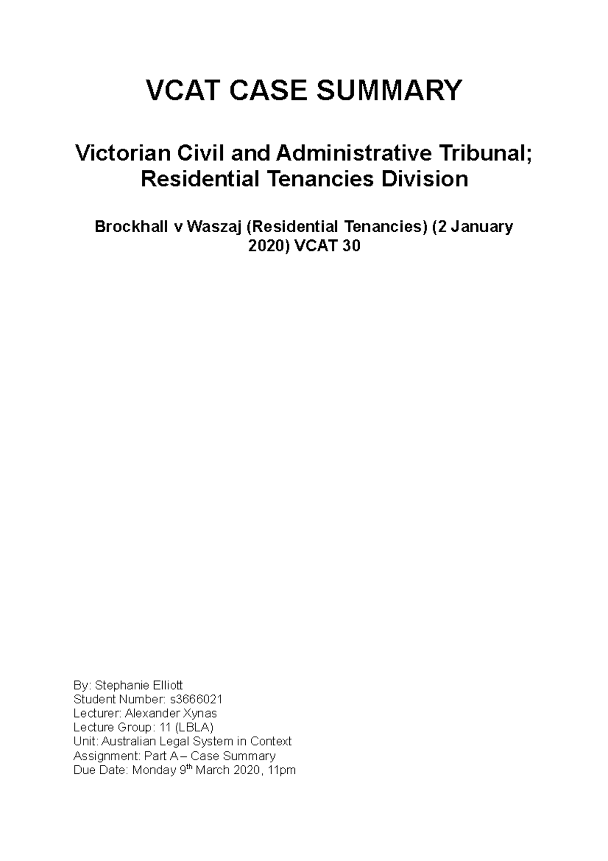 VCAT CASE Summary Part A VCAT CASE SUMMARY Victorian Civil and