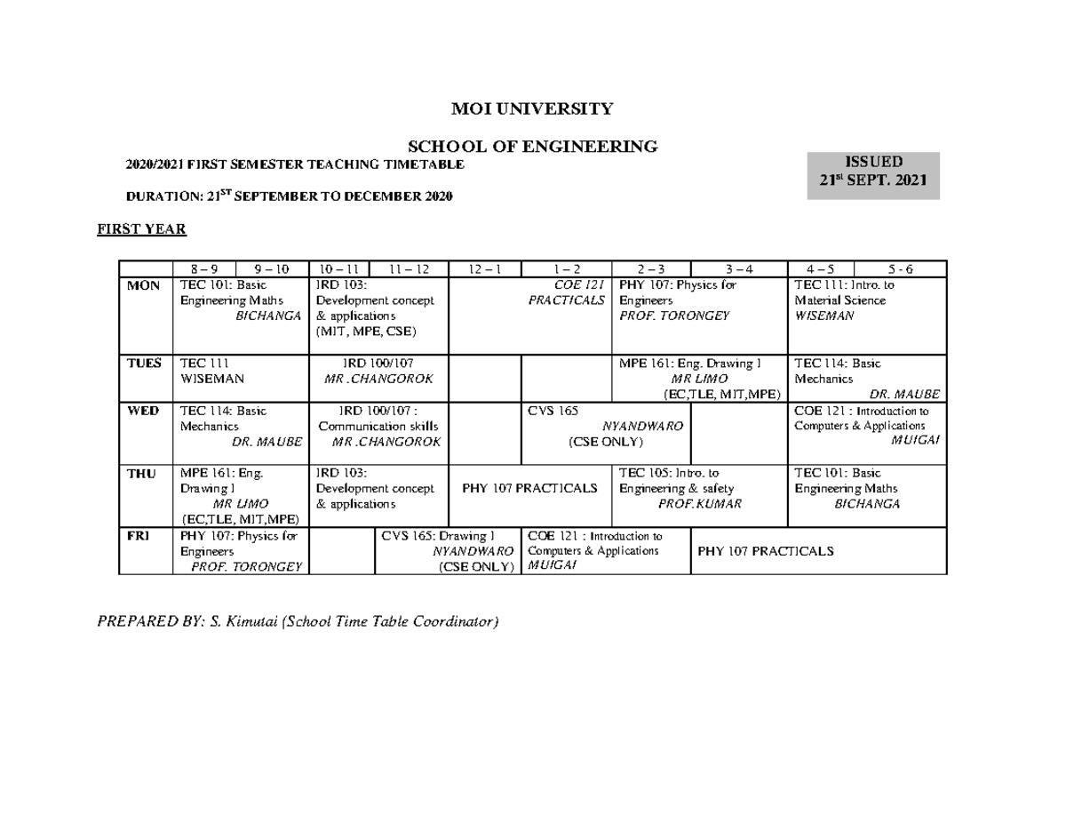 School OF Engineering 1st year time table 2021 MOI UNIVERSITY SCHOOL