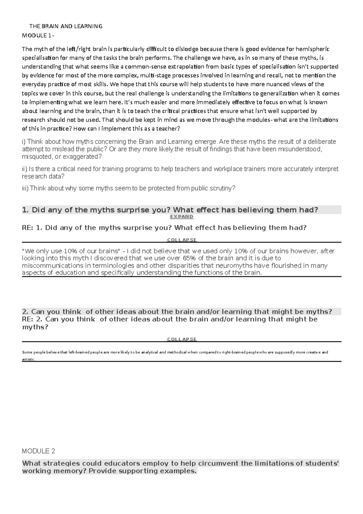 The brain and learning 1 the brain and learning module 1 the myth