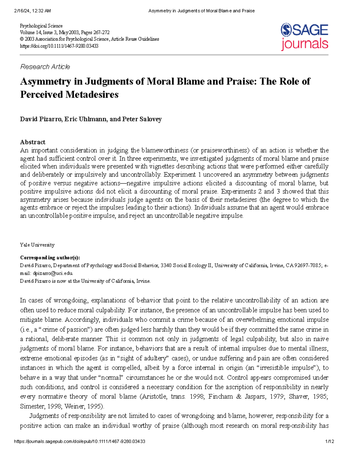 Asymmetry in Judgments of Moral Blame and Praise - Psychological ...