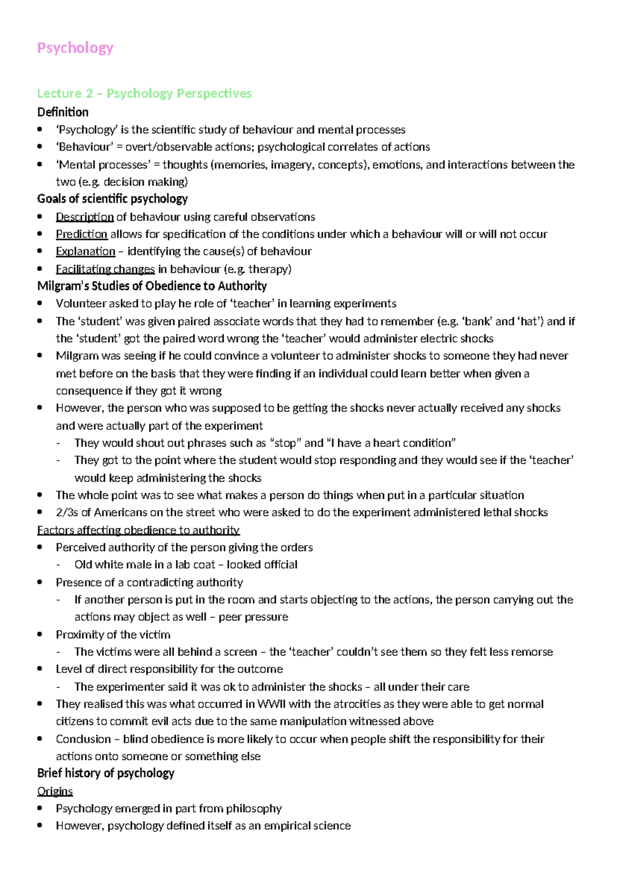 Psychology 1001 - PSYC1001 Lecture 2 notes - Psychology Lecture 2 ...