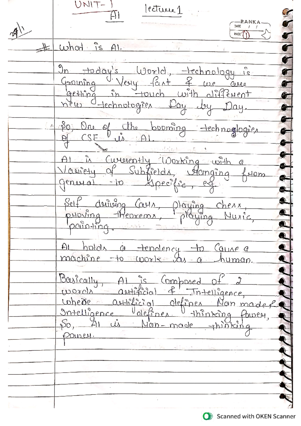 AI unit1 - Ai notes - ) 1 Al RANKA zh DATE PAGE I what is Al. In World ...