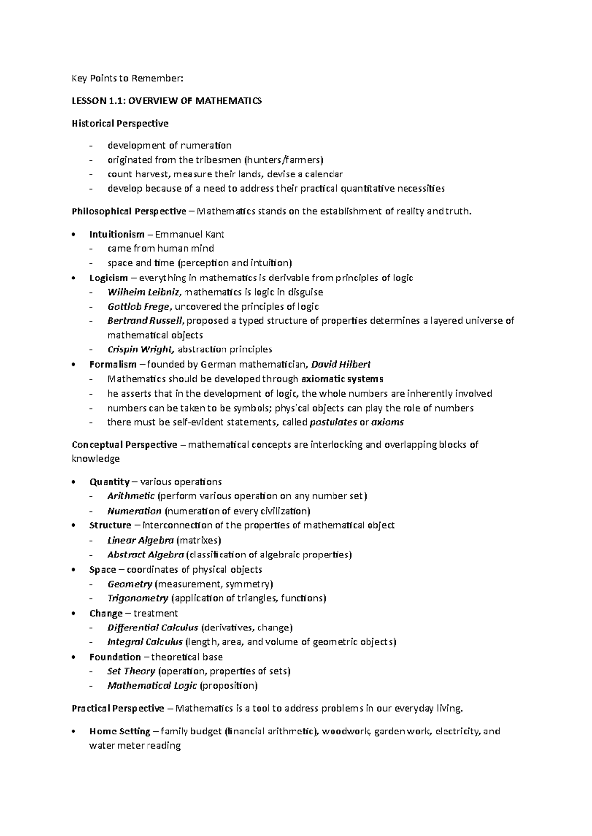 MMW Reviewer Lesson 01 - Key Points to Remember: LESSON 1: OVERVIEW OF ...