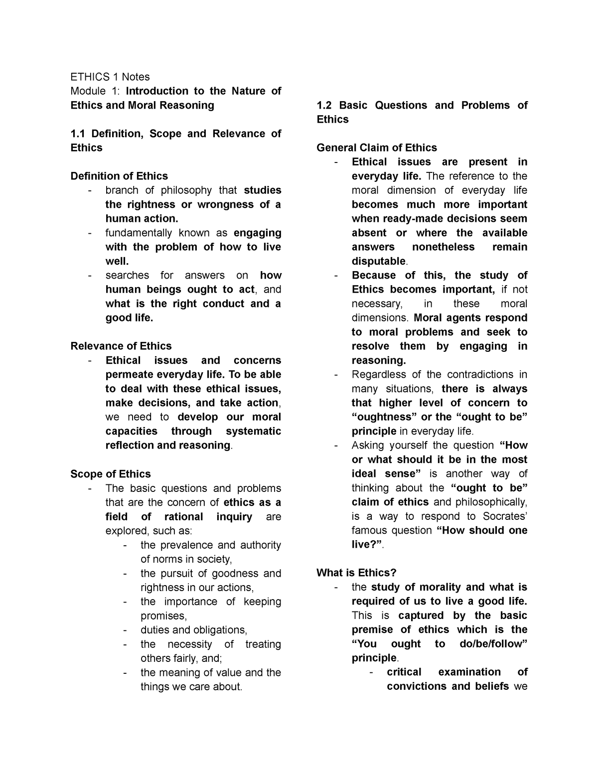 Ethics 1 Module 1 Notes - ETHICS 1 Notes Module 1: Introduction To The ...