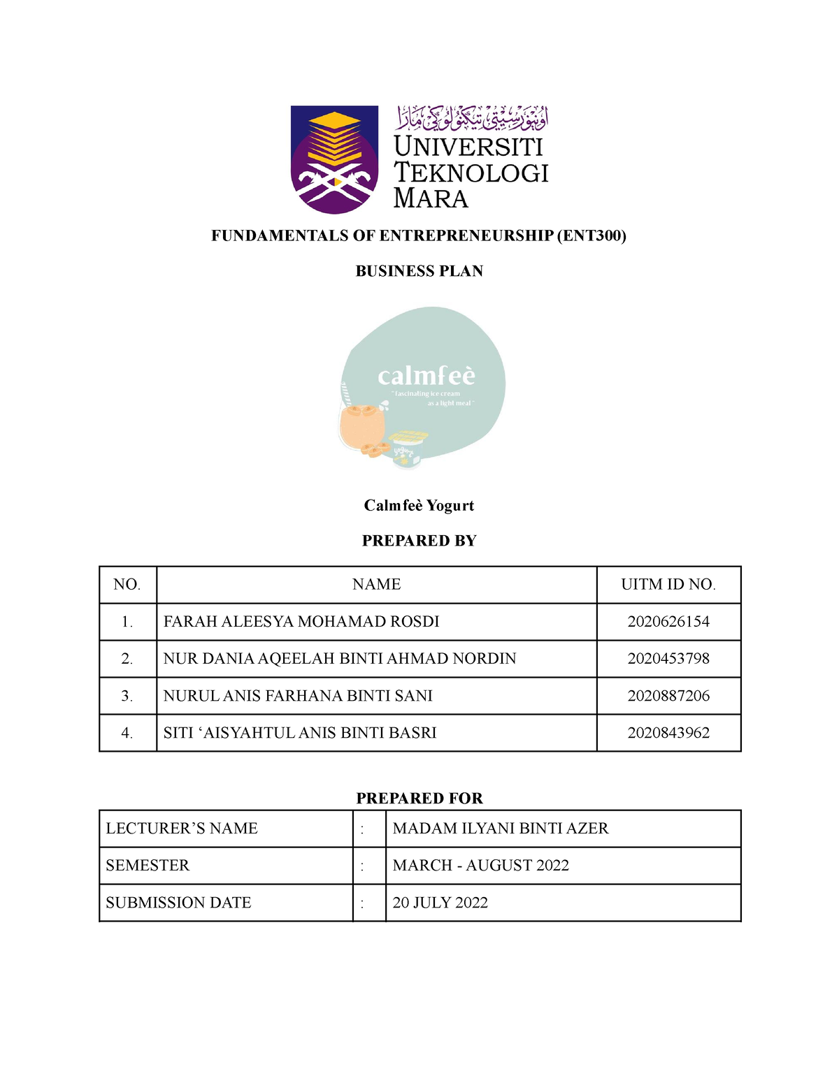 Sample Business PLAN Report G2 - FUNDAMENTALS OF ENTREPRENEURSHIP ...