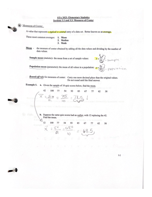 Stat Notes - STA 2023: Elementary Statistia fti.,b(~ en+) Section S ...
