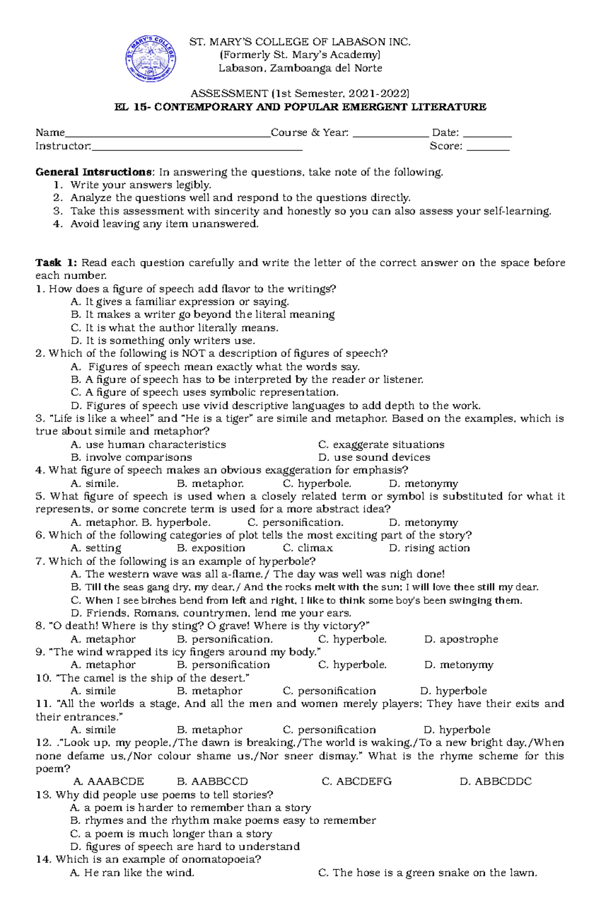 Con Pop Lit Assessment 1 - ST. MARY’S COLLEGE OF LABASON INC. (Formerly ...