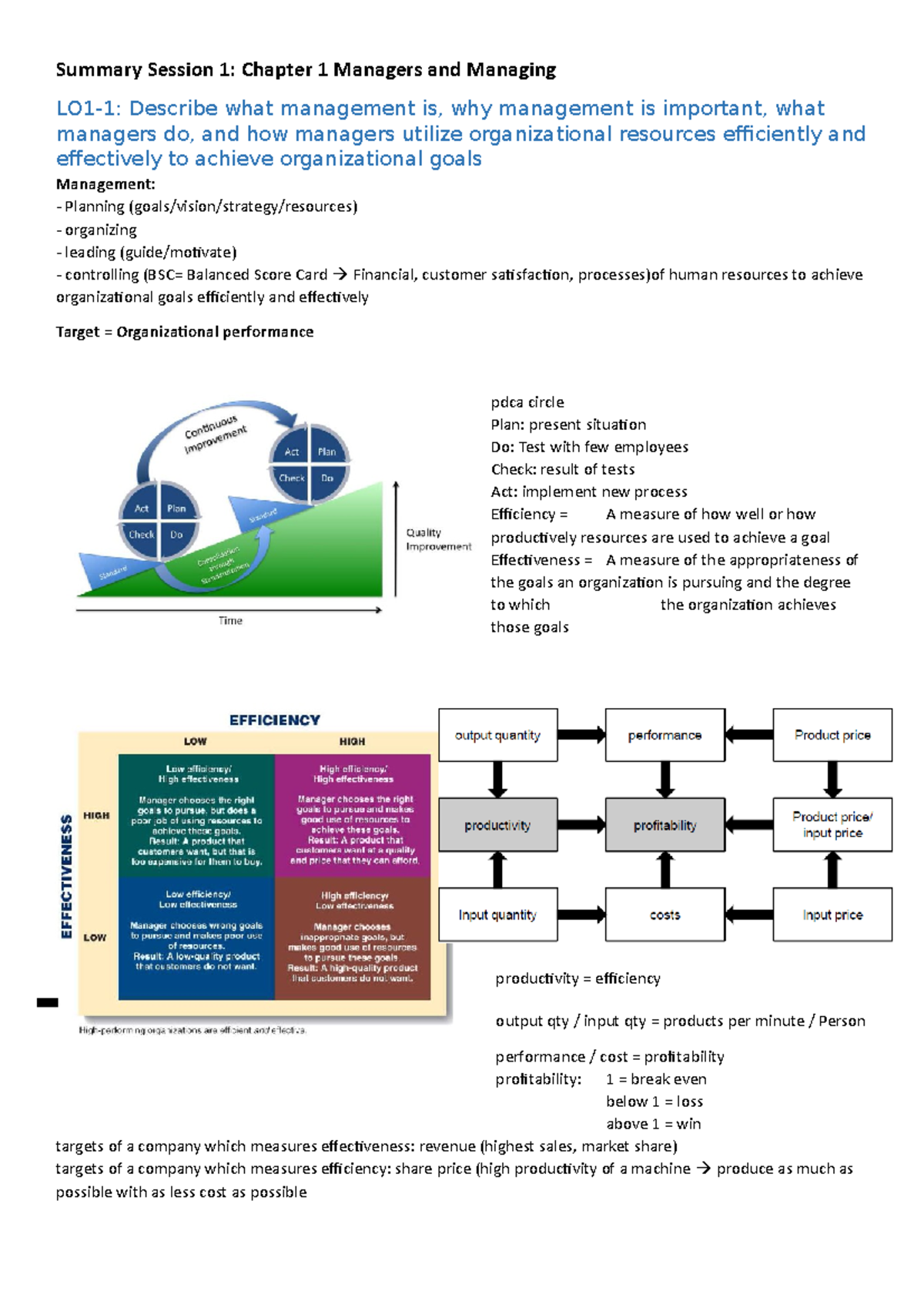 Summary Session 1, Chapter 1, Managers and Managing - Summary Session 1 ...