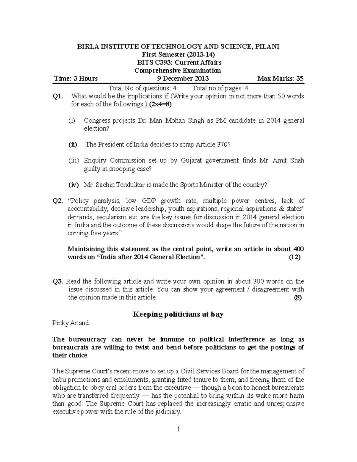 BITS C393 913 C 2013 1 - Current Affairs Question Paper - BITS Pilani ...