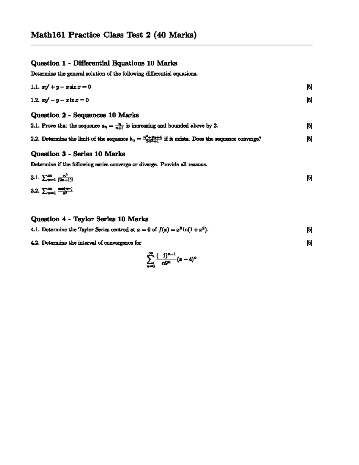 Math161 Prcatice Class Test 2 - MATH131 - Studocu