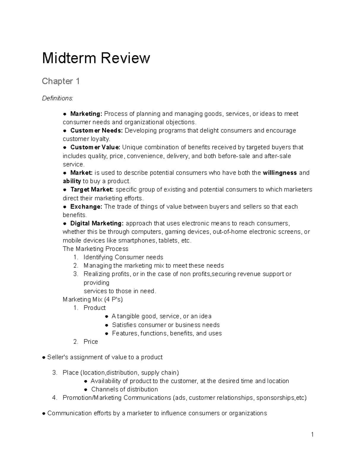 Midterm Review-3 - Midterm Review Chapter 1 Definitions: Marketing ...