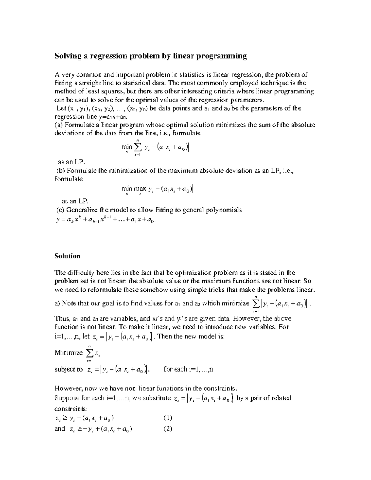 Regression - Solving a regression problem by linear programming A very ...