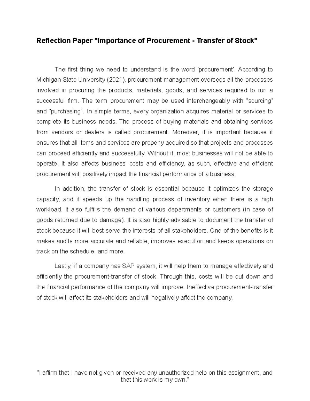Reflection Paper - According to Michigan State University (2021 ...