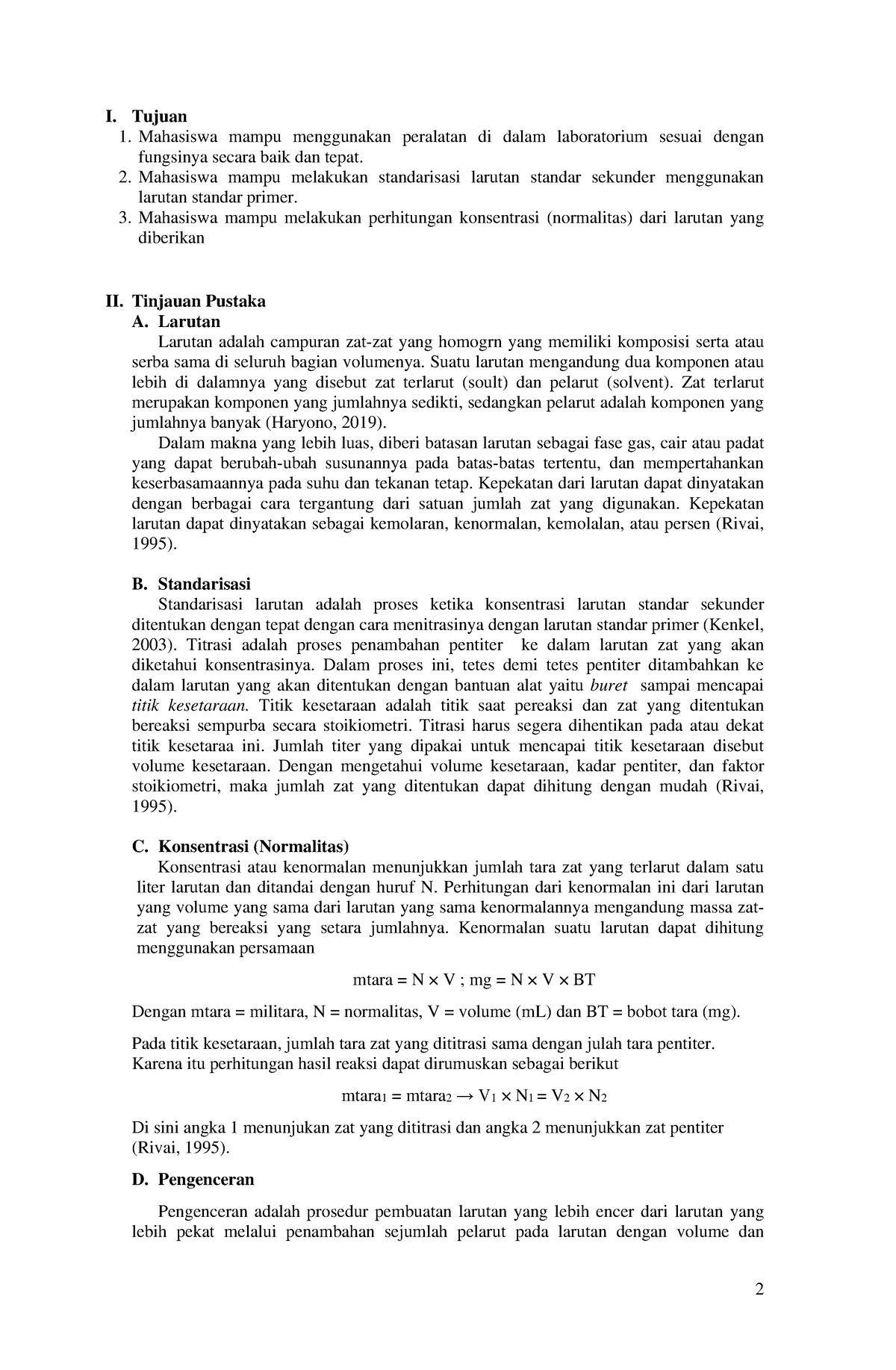 Lapres Modul 1- Standarisasi Larutan - 2 I. Tujuan 1. Mahasiswa Mampu ...